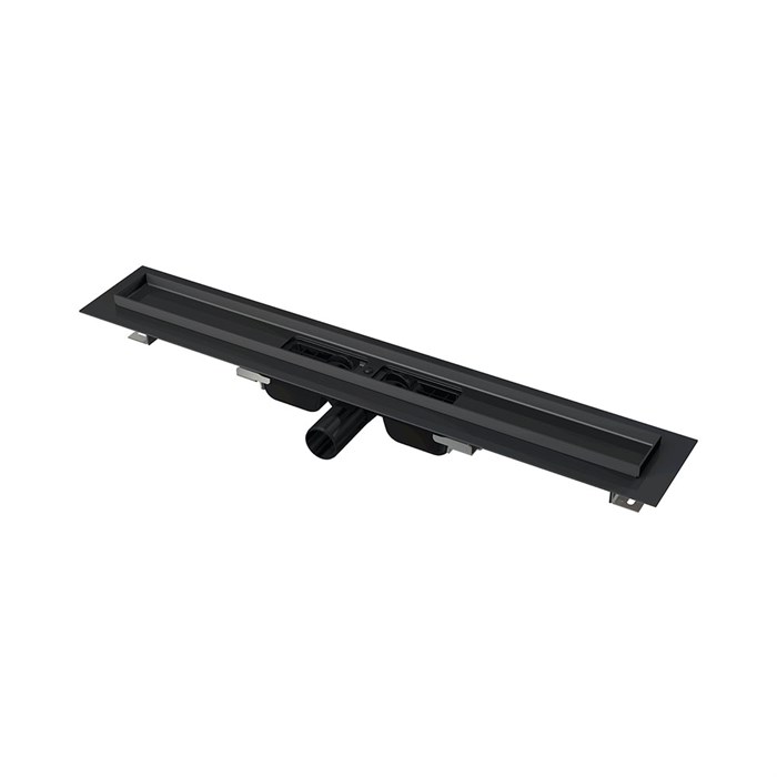 Alcaplast  APZ1BLACK Водоотводящий желоб с порогами для перфорированной решетки, черный-мат низкий, горизонтальный сток, 750 мм  APZ101BLACK-750 APZ101BLACK-750 - фото 137932