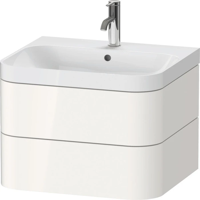 Раковина Duravit Happy D.2 Plus HP4345O2222, 57,5 см, с подвесной тумбой с двумя ящиками, с переливом, с площадкой под смеситель, с нажимным выпуском, включая малогабаритный сифон, белый глянец HP4345O2222
