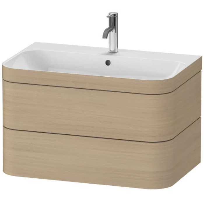 Раковина Duravit Happy D.2 Plus HP4637O7171, 77,5 см, с подвесной тумбой с двумя ящиками, с переливом, с площадкой под смеситель, с нажимным выпуском, включая малогабаритный сифон, белый, дуб средиземноморский HP4637O7171