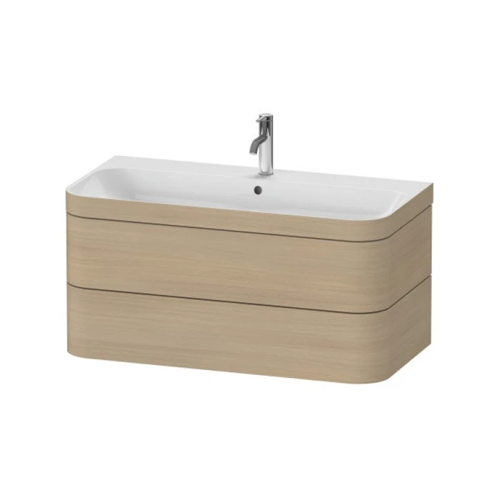 Раковина Duravit Happy D.2 Plus HP4638O7171, 97,5 см, с подвесной тумбой с двумя ящиками, с переливом, с площадкой под смеситель, с нажимным выпуском, включая малогабаритный сифон, белый, дуб средиземноморский HP4638O7171