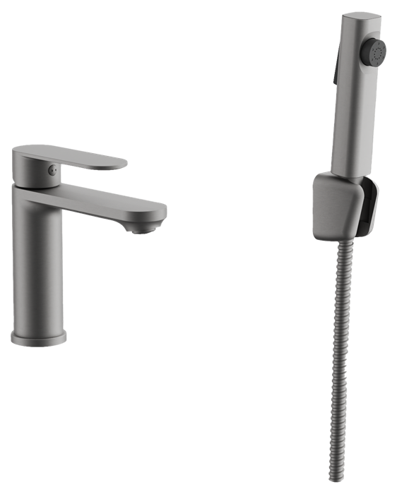 Смеситель для раковины BELZ с гигиенической лейкой оружейная сталь (B12713-3) B12713-3