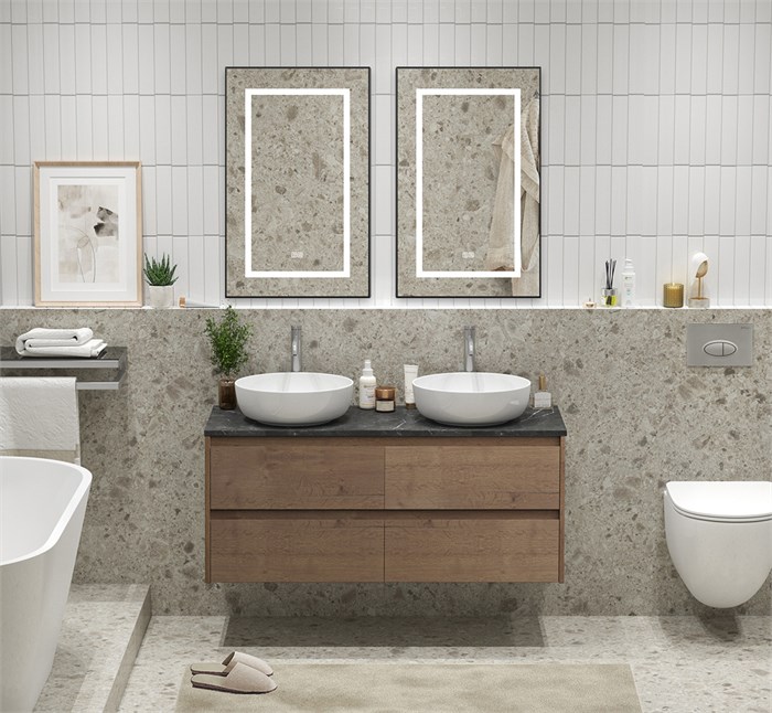 Тумба с четырьмя ящиками, столешницей и накладными раковинами подвесная BelBagno KRAFT 120 Rovere Tabacco 202773 - фото 211063