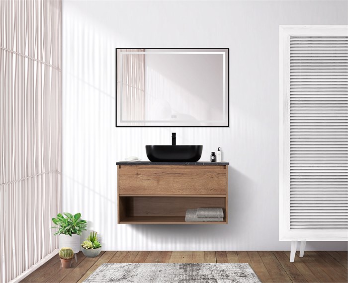 Тумба со столешницей, одним ящиком и одной открытой полкой подвесная BelBagno KRAFT 100 Rovere Tabacco 200371 - фото 211141