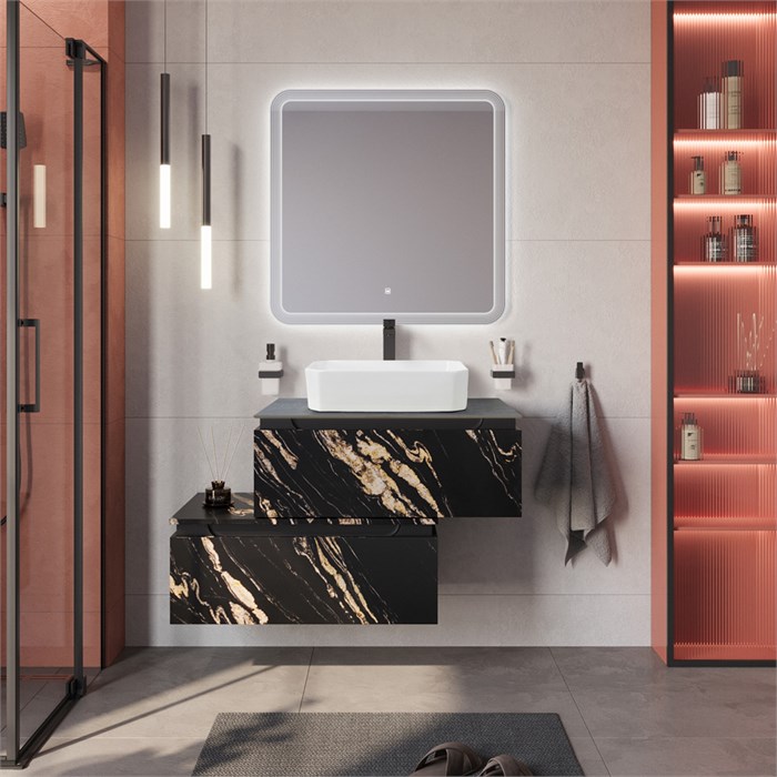 Тумба со столешницей подвесная и нижней тумбой CEZARES SLIDER 80 Чёрный фьюжн, столешница SLD-80/48-MNO 203932