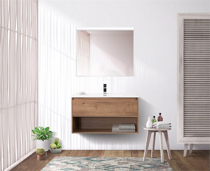 Тумба c раковиной подвесная с одним ящиком и одной открытой полкой BelBagno KRAFT 90 Rovere Tabacco, раковина белая 200310