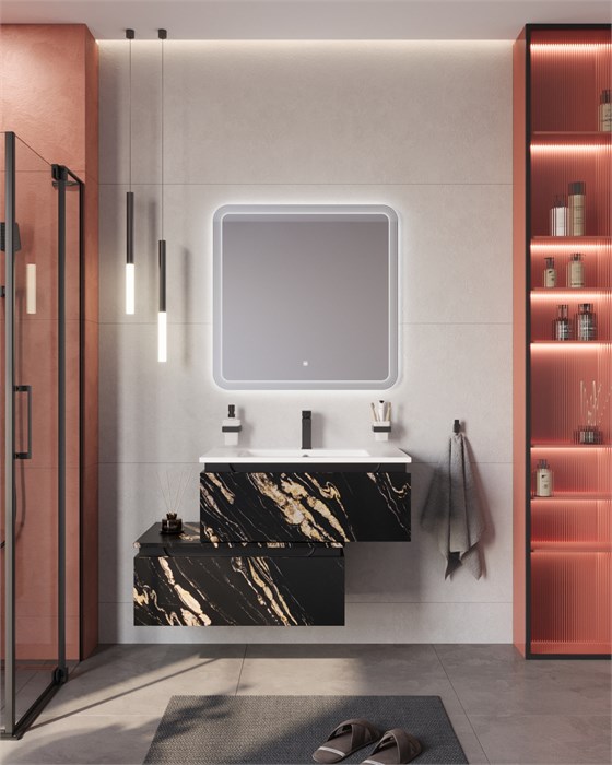 Тумба с раковиной подвесная с нижней тумбой CEZARES SLIDER 80 Черный фьюжн, раковина белая 190703