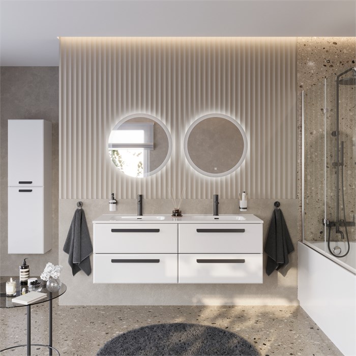 Тумба с раковиной подвесная с четырьмя ящиками CEZARES ECO-CER-N 140 Bianco Lucido, раковина белая с двумя чашами CZR-8095-140-2 190816