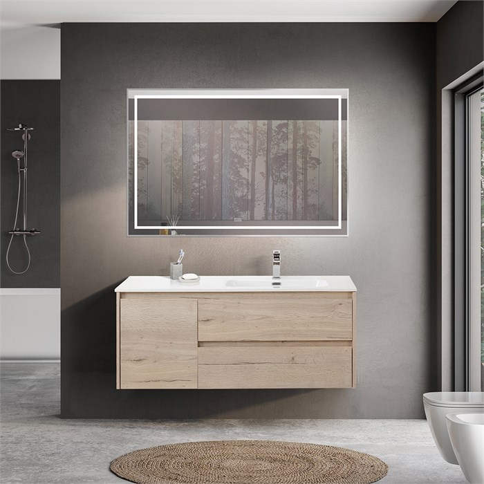 Тумба с раковиной подвесная с двумя ящиками и одной дверцей BelBagno KRAFT 120 Rovere Galifax Bianco правая, раковина белая 202242