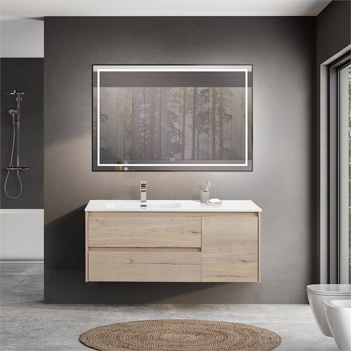 Тумба с раковиной подвесная с двумя ящиками и одной дверцей BelBagno KRAFT 120 Rovere Galifax Bianco левая, раковина белая 202238