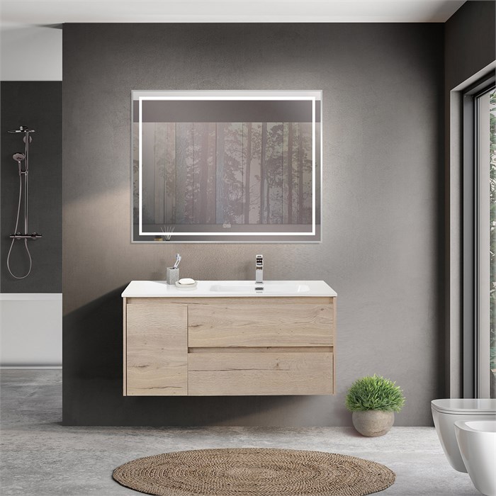Тумба с раковиной подвесная с двумя ящиками и одной дверцей BelBagno KRAFT 100 Rovere Galifax Bianco правая, раковина белая 202234