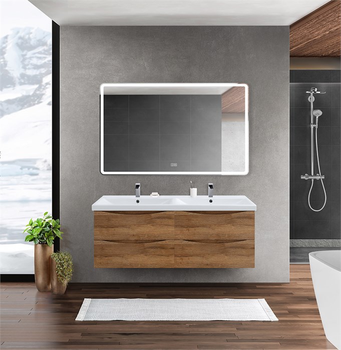 Тумба с раковиной на две чаши четырьмя ящиками подвесная BelBagno MARINO-CER 120 Rovere Rustico, раковина белая 200624