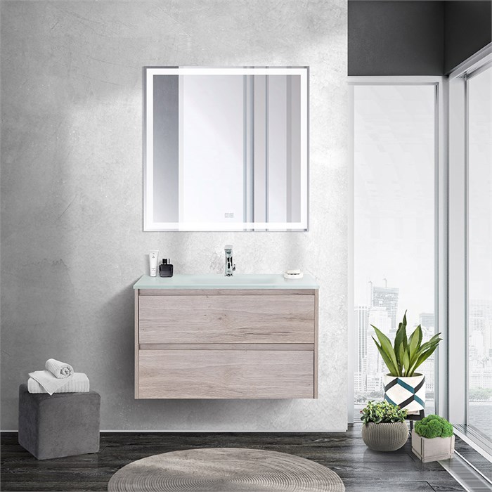 Тумба со стеклянной раковиной подвесная BelBagno KRAFT 80 Rovere Galifax Bianco, раковина белая 200475