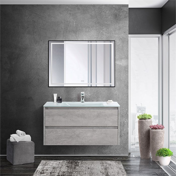 Тумба со стеклянной раковиной подвесная BelBagno KRAFT 100 Cemento Grigio, раковина белая 200467