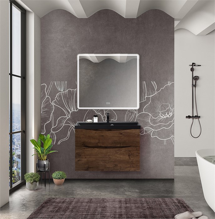 Тумба с раковиной подвесная BelBagno MARINO-H60 80 Rovere Moro, раковина черная 200277