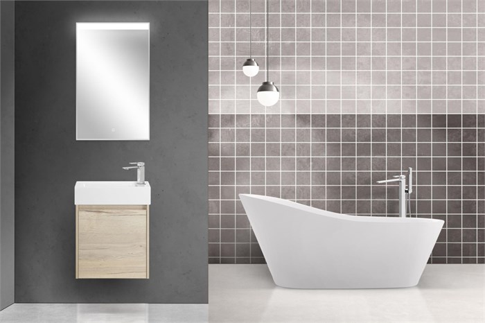 Тумба с раковиной подвесная BelBagno KRAFT MINI 50 Rovere Galifax Bianco правосторонняя, раковина белая 197055