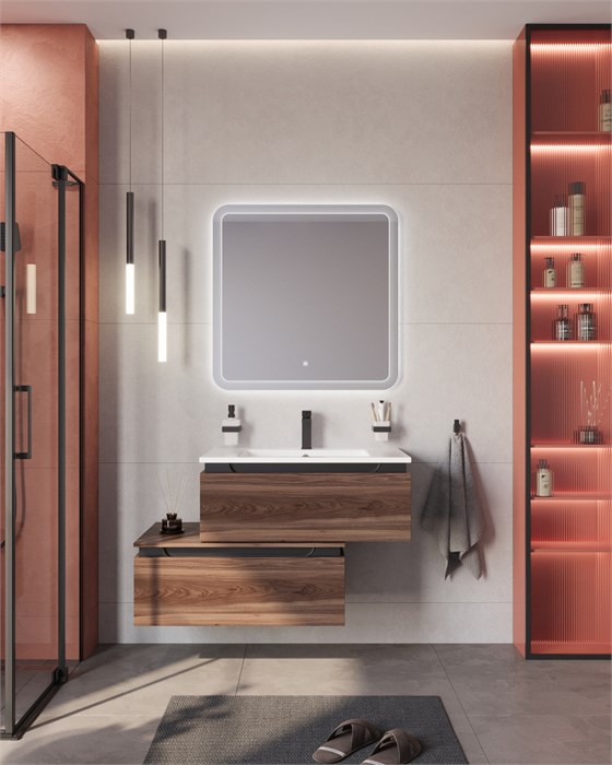 Тумба с раковиной подвесная с нижней тумбой CEZARES SLIDER 80 Орех дымчатый, раковина белая 190702