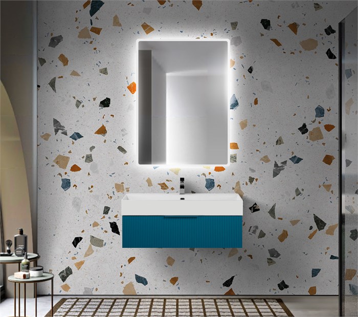 Тумба с раковиной подвесная и одним выдвижным ящиком CEZARES PREMIUM 90 Plisse Blu petrolio, раковина белая 190625