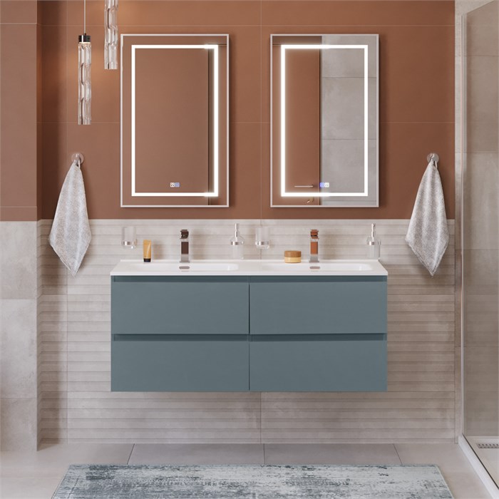 Тумба с четырьмя ящиками и раковиной на две чаши подвесная BelBagno KRAFT 120 Голубой Матовый, раковина BB1200-2-ETL 206232