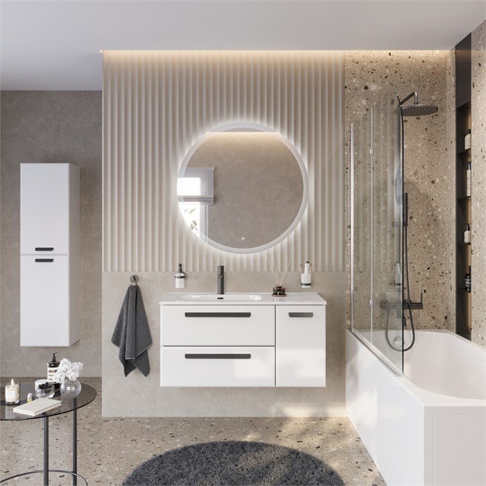 Тумба с раковиной подвесная с двумя ящиками и одной дверцей, левосторонняя CEZARES ECO-CER-N 100 Bianco Lucido, раковина белая CZR-8095-100-L 190774