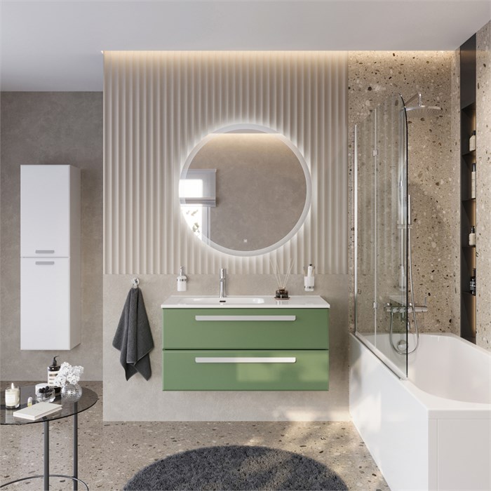 Тумба с раковиной подвесная с двумя ящиками, левосторонняя CEZARES ECO-CER-N 100 Фисташковый Софт, раковина белая CZR-8095-100-L 190773