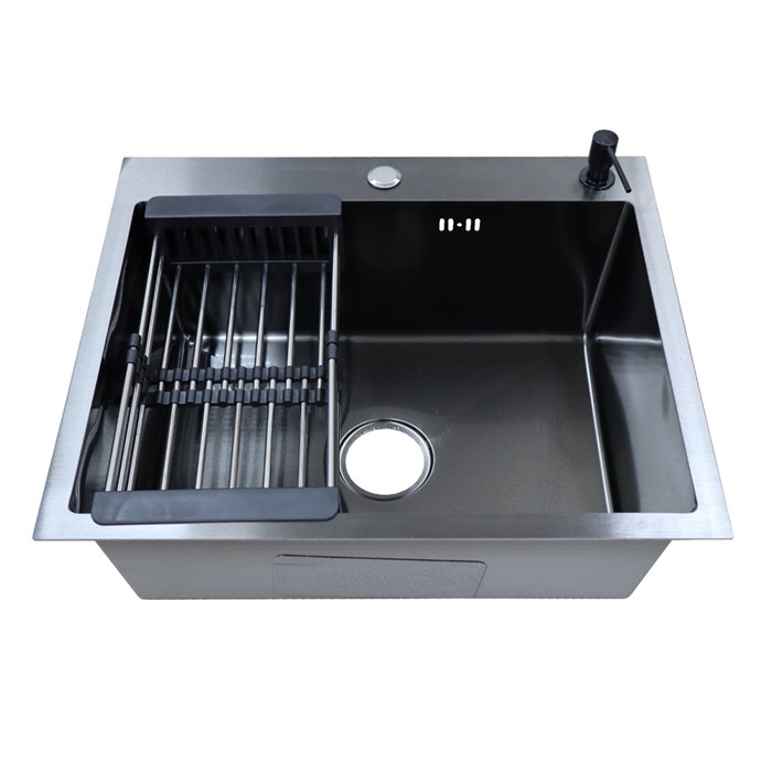 Кухонная мойка AZARIO NICOLE 600х500х220 нержавеющая сталь, в комплекте сифон, диспенсер,коландер, черная сталь (AZB6050N) AZB6050N