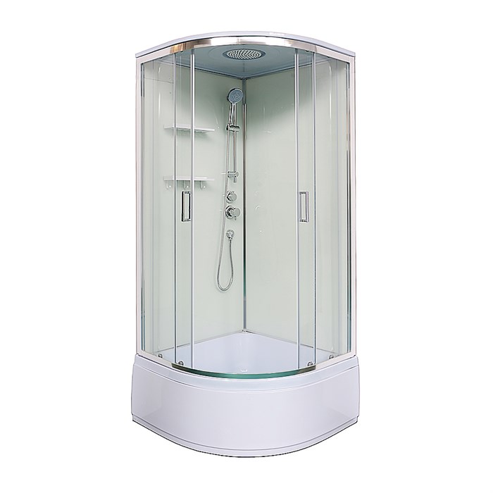 Душевая кабина Loranto NEO 90x90x(170+38) с высоким поддоном 38см, прозрачное закаленное стекло 4 мм, задние стеклянные стенки белые, с двумя полками, профиль серебро (CS-22011) CS-22011