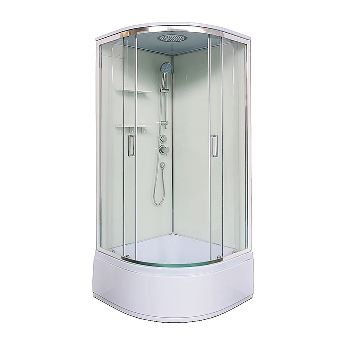 Душевая кабина Loranto NEO 90x90x(170+38) с высоким поддоном 38см, прозрачное закаленное стекло 4 мм, задние стеклянные стенки белые, с двумя полками, профиль серебро (CS-22011) CS-22011