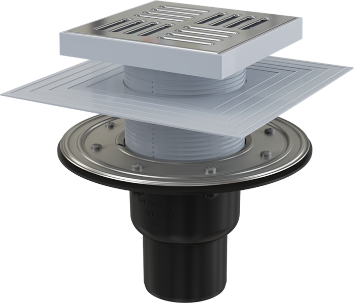 APV4444 Сливной трап 150 × 150/50/75, подводка – прямая, решетка – нержав. сталь, фланец –нержав. APV4444