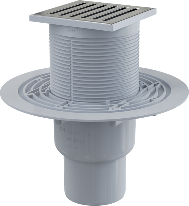 APV203 Сливной трап 105 × 105/50/75, подводка – прямая, решетка из нерж стали, гидрозатвор – мокрый APV203