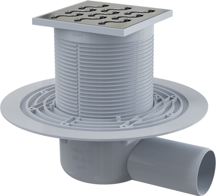 APV102 Сливной трап 105 × 105/50, подводка – боковая, решетка из нерж стали, гидрозатвор – мокрый APV102