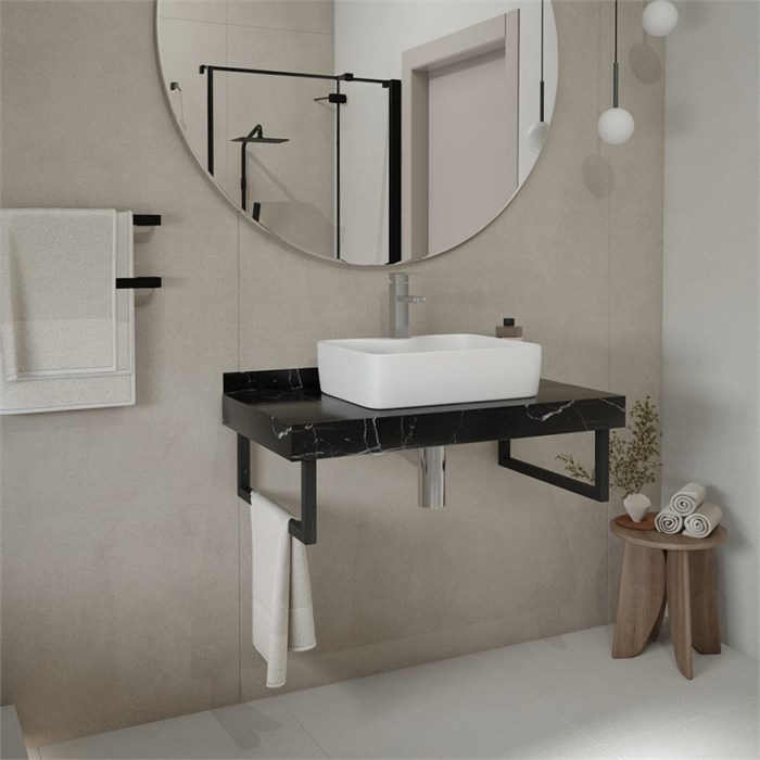 Столешница керамогранитная 90 см черный мрамор с раковиной Teymi Helmi S 48 кронштейны 2 шт. черные в комплекте F14415 1222981