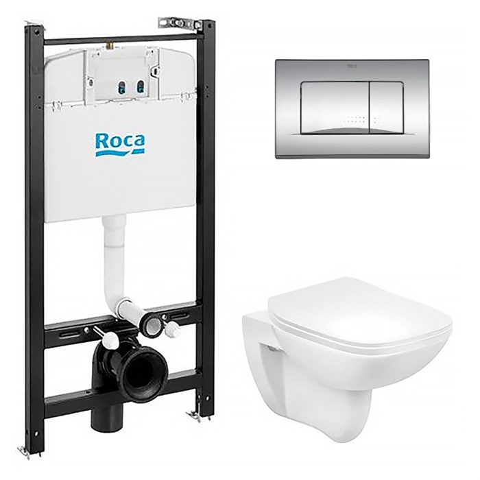 ПЭК Roca Debba Rimless: Инсталляция с подвесным унитазом, быстросъемное сиденье микролифт + Кнопка смыва Roca ACTIVE PL 32B, хром глянец (Z.RU93.0.773.4) Z.RU93.0.773.4