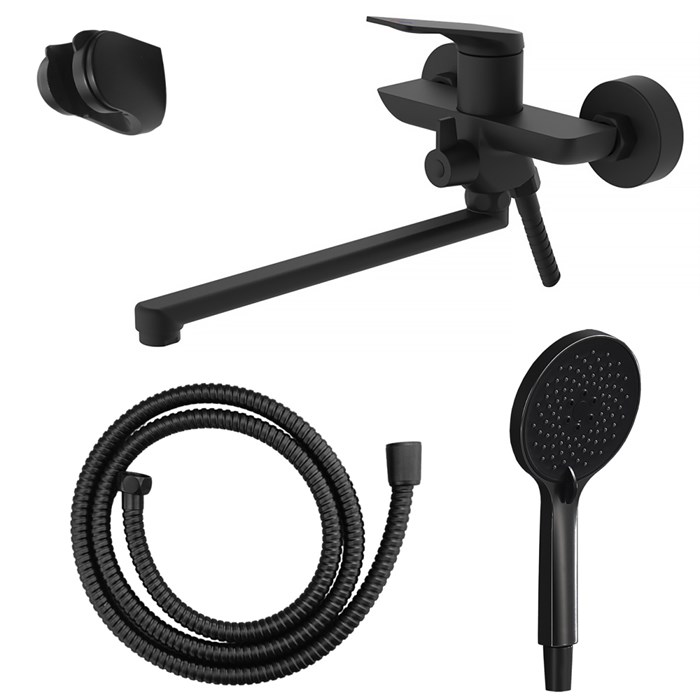 Смеситель для ванны Azario Lursy керамический картридж, длинный излив, с ручным душем, шланг 150 см, черный матовый (AZ-K1749B) AZ-K1749B