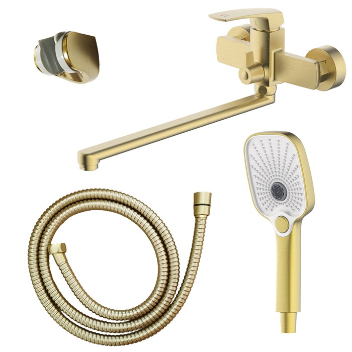 Смеситель для ванны Azario Conda керамический картридж, длинный излив, с ручным душем, шланг 150 см, золото матовое (AZ-K1711MG) AZ-K1711MG
