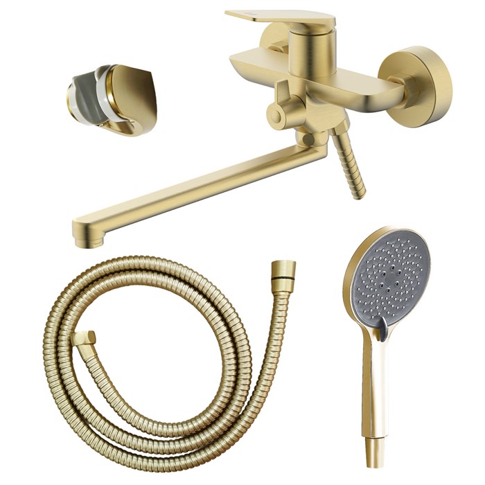 Смеситель для ванны Azario Lursy керамический картридж, длинный излив, с ручным душем, шланг 150 см, золото матовое (AZ-K1749MG) AZ-K1749MG