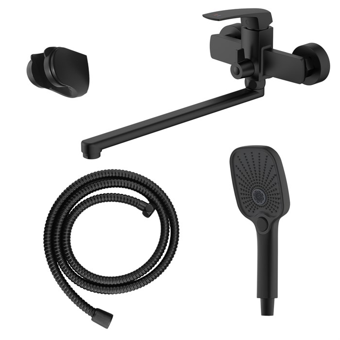 Смеситель для ванны Azario Conda керамический картридж, длинный излив, с ручным душем, шланг 150 см, черный матовый (AZ-K1711B) AZ-K1711B