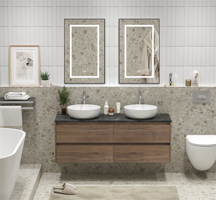 Тумба с четырьмя ящиками, столешницей и накладными раковинами подвесная BelBagno KRAFT 140 Rovere Tabacco 202777