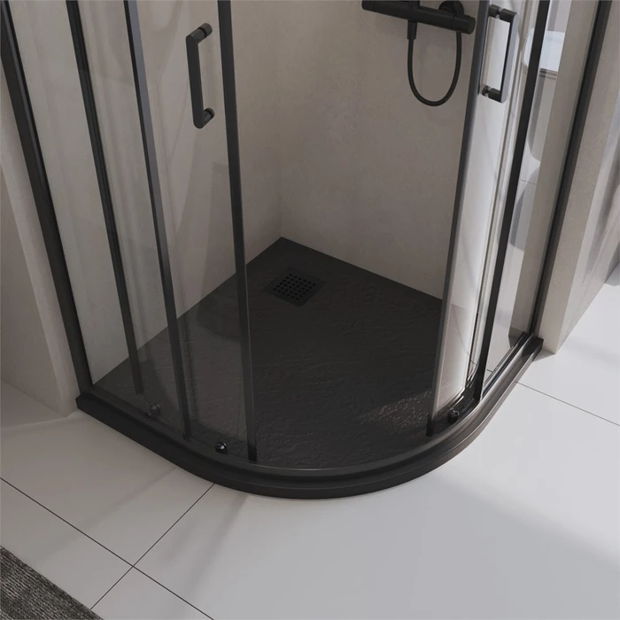 TRAY-MR-UNO-R-90-550-35-NERO-NO Поддон из искусственного мрамора в комплекте с сифоном с чёрной матовой декоративной накладкой, чёрный TRAY-MR-UNO-R-90-550-35-NERO-NO