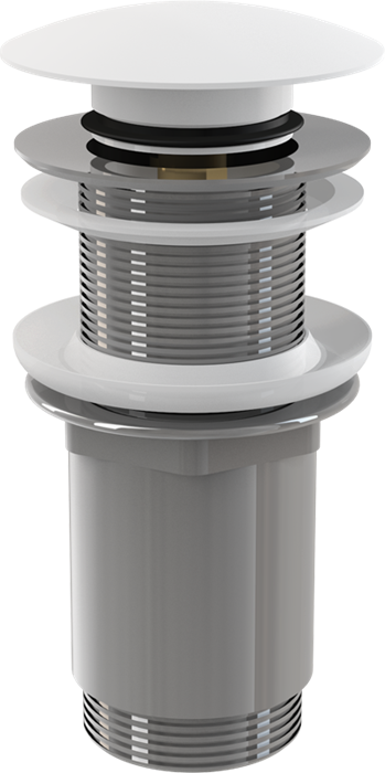 A395B Водослив для умывальника clik/clack 5/4, цельнометаллический с большой белой заглушкой без перелива, для стеклянных умывальников и из искусствен A395B