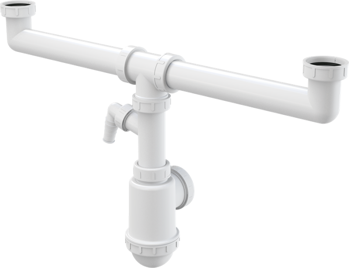 A448P Сифон для сдвоенной мойки с накидными гайками 6/4" и подводкой A448P-DN50/40