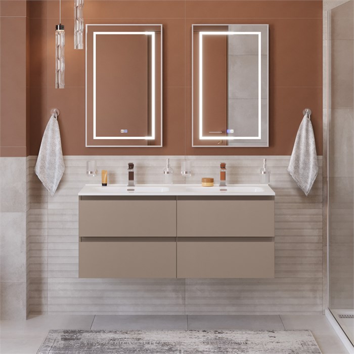 Тумба с четырьмя ящиками и раковиной на две чаши подвесная BelBagno KRAFT 120 Бежевый матовый, раковина BB1200-2-ETL KRAFT-1200-4C-SO-СO;BB1200-2-ETL