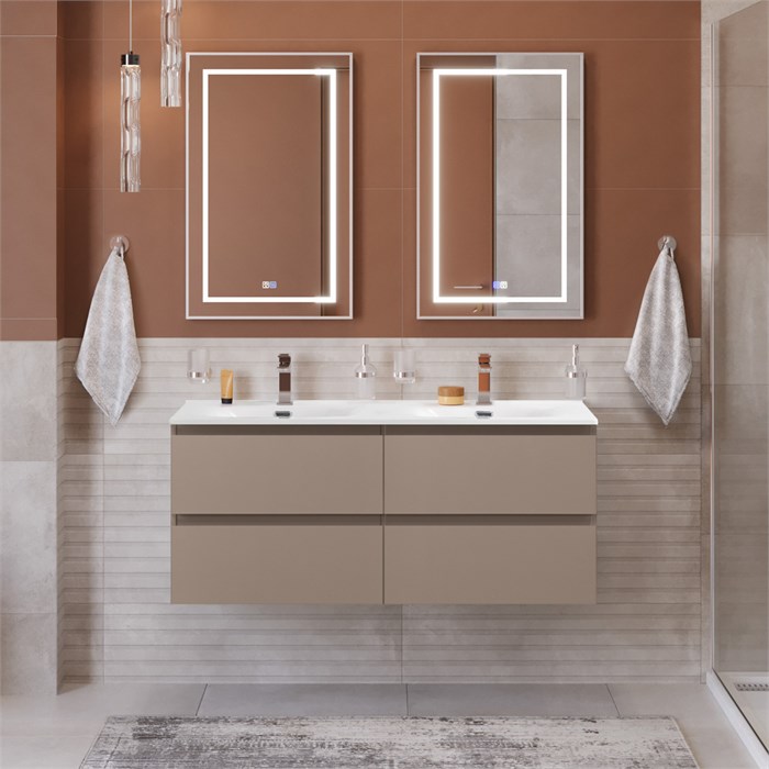 Тумба с четырьмя ящиками и раковиной на две чаши подвесная BelBagno KRAFT 120 Бежевый матовый, раковина BB-8099-120-2 KRAFT-1200-4C-SO-СO;BB-8099-120-2