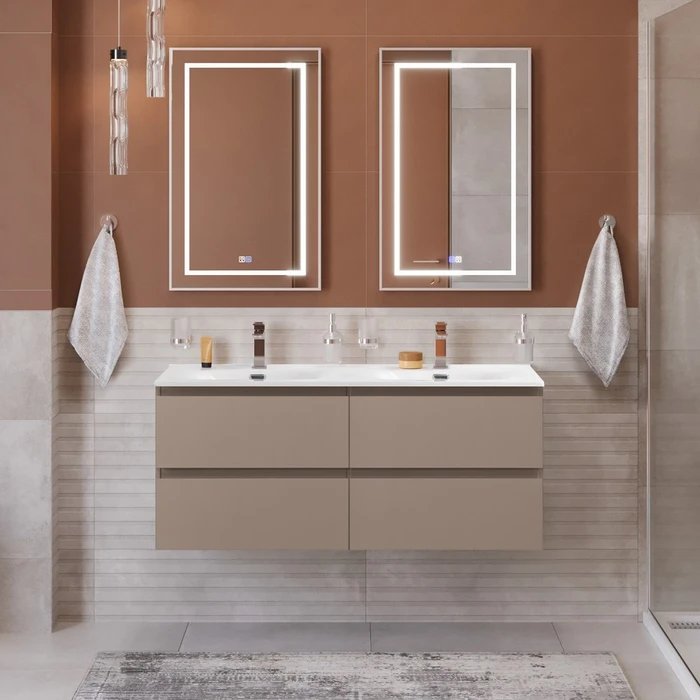Тумба с четырьмя ящиками и раковиной на две чаши подвесная BelBagno KRAFT 120 Бежевый матовый, раковина BB-8099-120-2 KRAFT-1200-4C-SO-СO;BB-8099-120-2