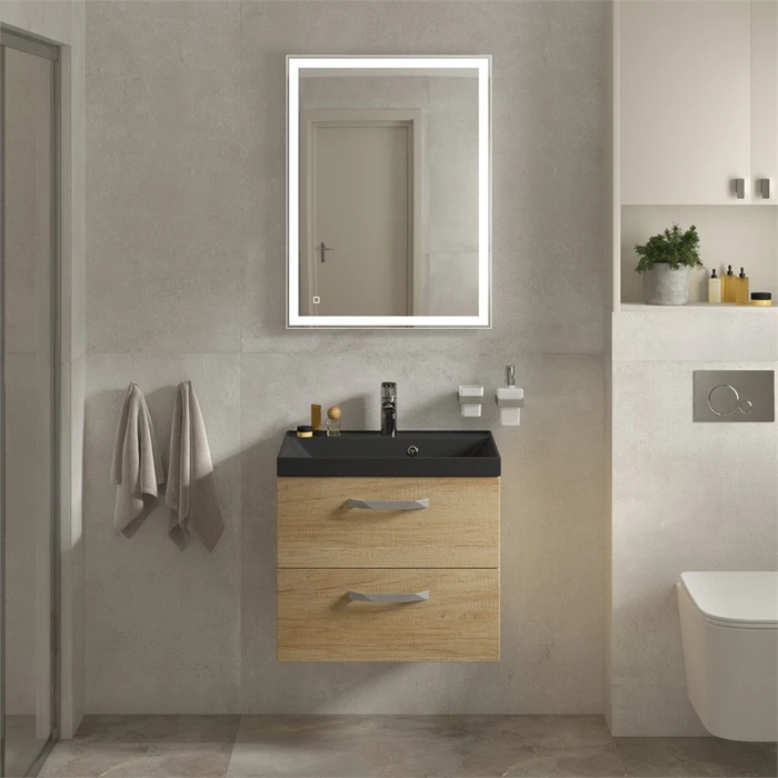 Тумба с раковиной подвесная BelBagno AURORA 70 Rovere Nebrasca Nature, раковина чёрная AURORA-700-2C-SO-RNN;BB700/450-LV-ART-AST-NERO