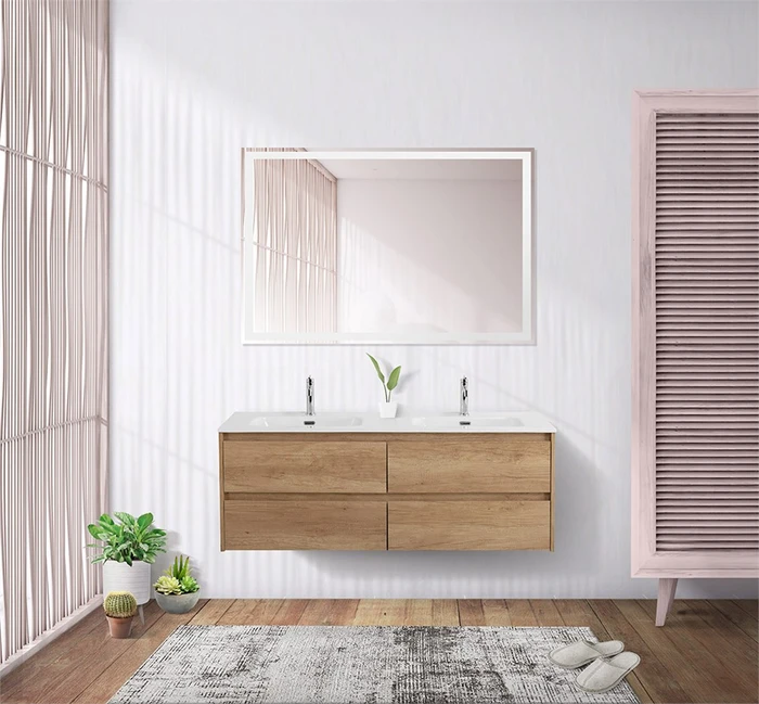 Тумба с четырьмя ящиками и раковиной на две чаши подвесная BelBagno KRAFT 120 Rovere Nebrasca Nature , раковина белая KRAFT-1200-4C-SO-2-RNN;BB1200-2-ETL