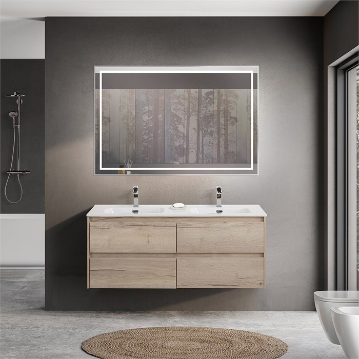 Тумба с четырьмя ящиками и раковиной на две чаши подвесная BelBagno KRAFT 120 Rovere Galifax Bianco , раковина белая KRAFT-1200-4C-SO-2-RGB;BB1200-2-ETL