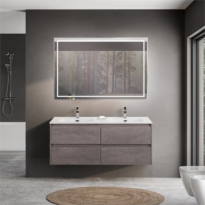 Тумба с четырьмя ящиками и раковиной на две чаши подвесная BelBagno KRAFT 120 Cemento Grigio , раковина белая KRAFT-1200-4C-SO-2-CG;BB1200-2-ETL