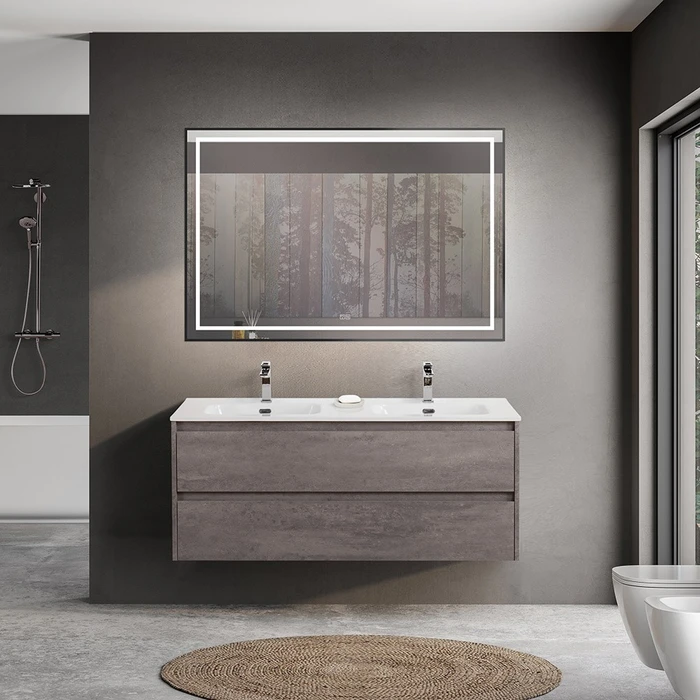 Тумба с раковиной на две чаши подвесная BelBagno KRAFT 120 Cemento Grigio , раковина белая KRAFT-1200-2C-SO-2-CG;BB1200-2-ETL