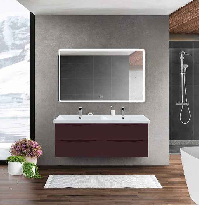 Тумба с раковиной на две чаши четырьмя ящиками подвесная BelBagno MARINO-CER 120 Bordo Lucido, раковина белая MARINO-CER-1200-4C-SO-2-BRDL-P;BB-0325-120-2-LVB