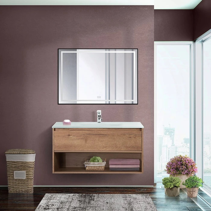 Тумба cо стеклянной раковиной подвесная с одним ящиком и одной открытой полкой BelBagno KRAFT 90 Rovere Tabacco, раковина белая KRAFT-900-1C-SO-RT
